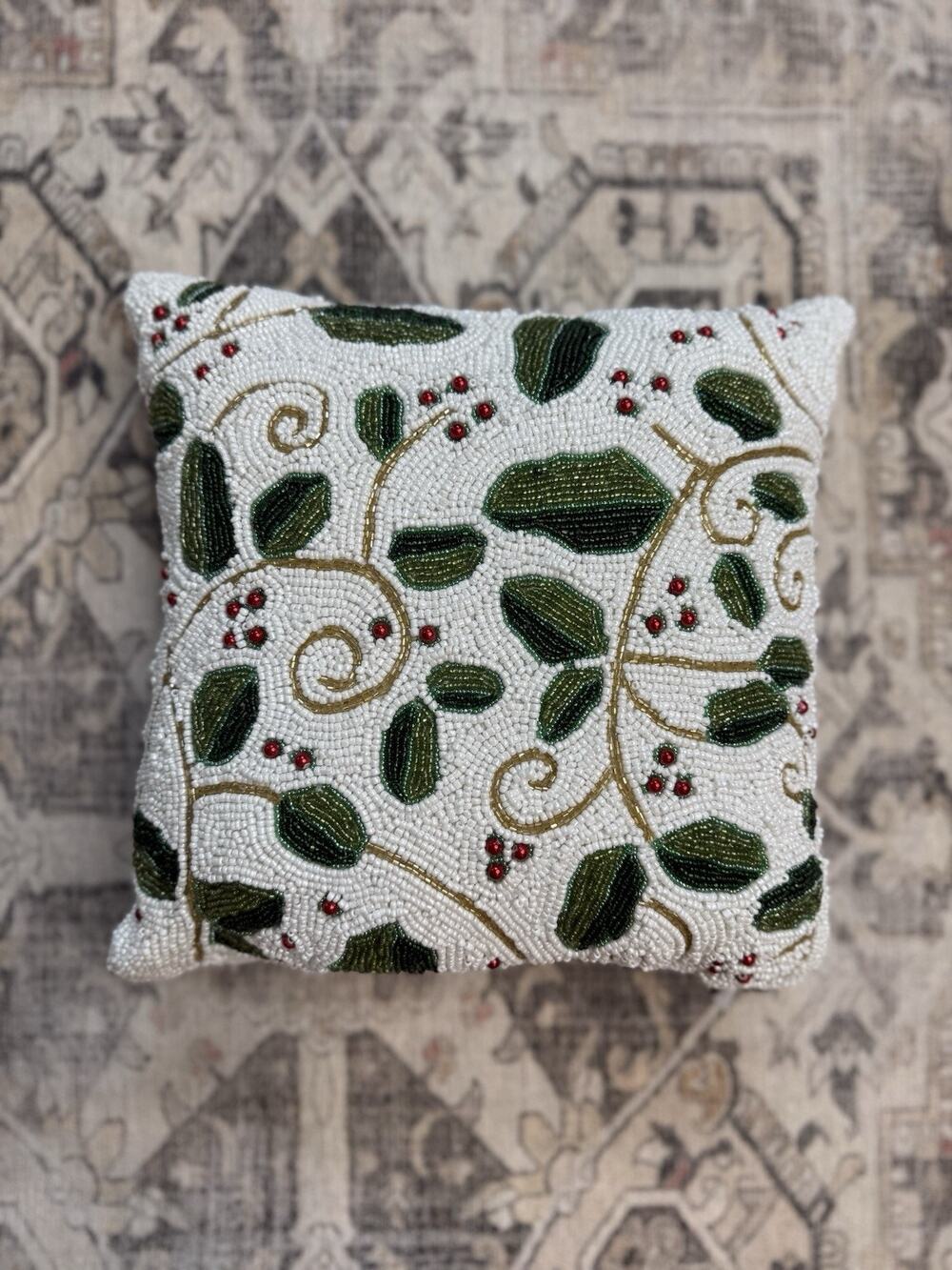 Christmas Throw Pillow Leaves Hand Beaded Gold Accent Holiday Sparkle Farmhouse